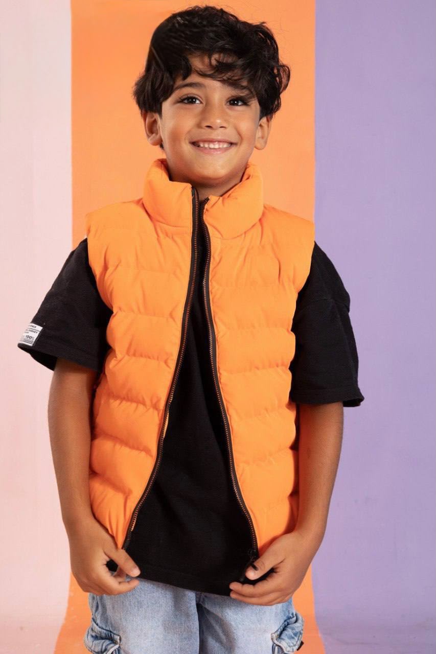 Boys’ Orange Padded Gilet Vest – Sleeveless Quilted Jacket with High Collar & Full-Zip Closure
