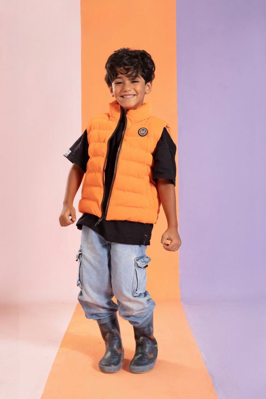 Boys’ Orange Padded Gilet Vest – Sleeveless Quilted Jacket with High Collar & Full-Zip Closure