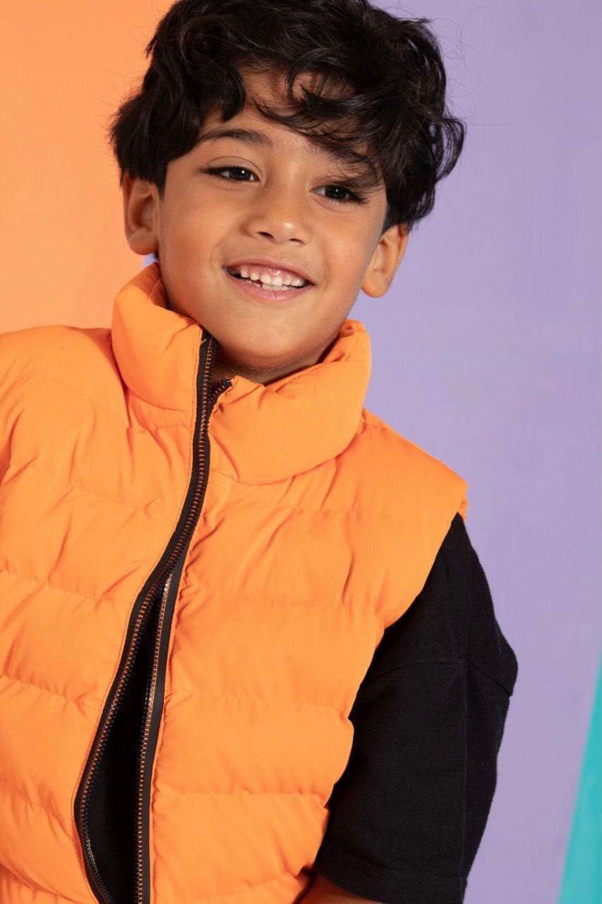 Boys’ Orange Padded Gilet Vest – Sleeveless Quilted Jacket with High Collar & Full-Zip Closure