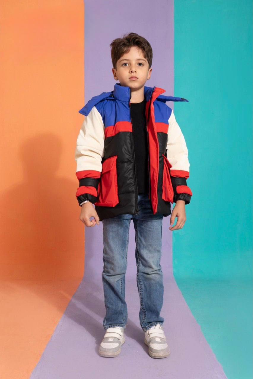 Boys’ Color-Block Padded Winter Jacket – Blue, Red & Black with Full-Zip Closure