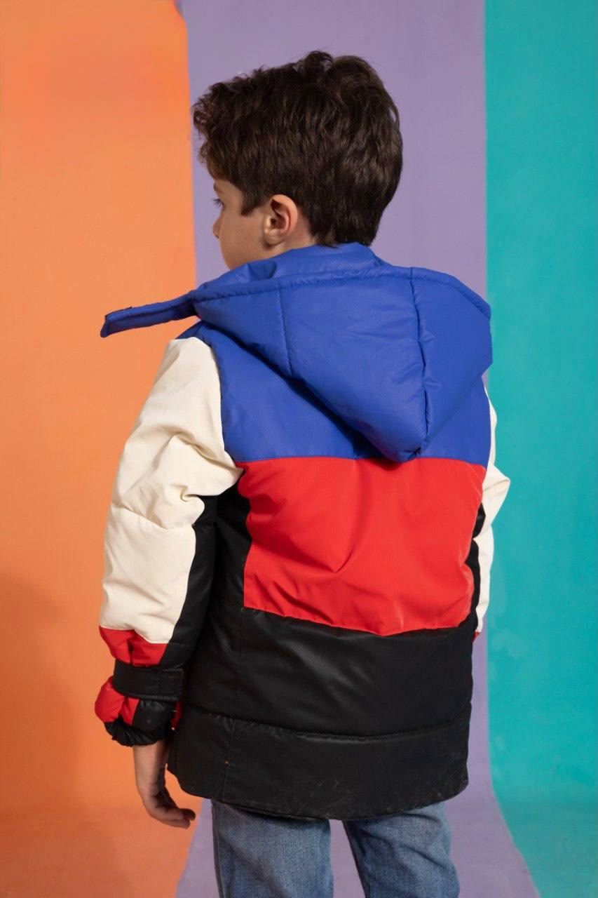 Boys’ Color-Block Padded Winter Jacket – Blue, Red & Black with Full-Zip Closure