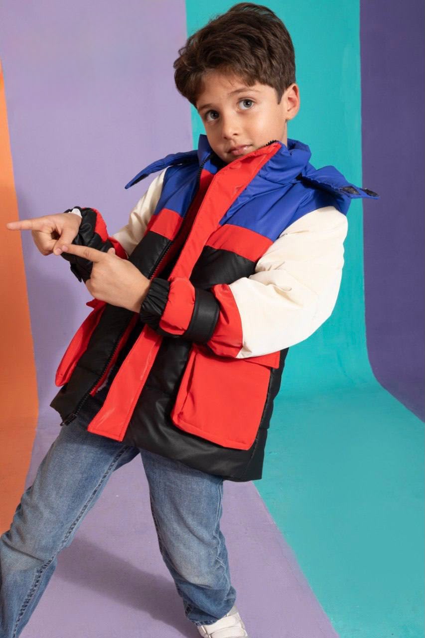 Boys’ Color-Block Padded Winter Jacket – Blue, Red & Black with Full-Zip Closure