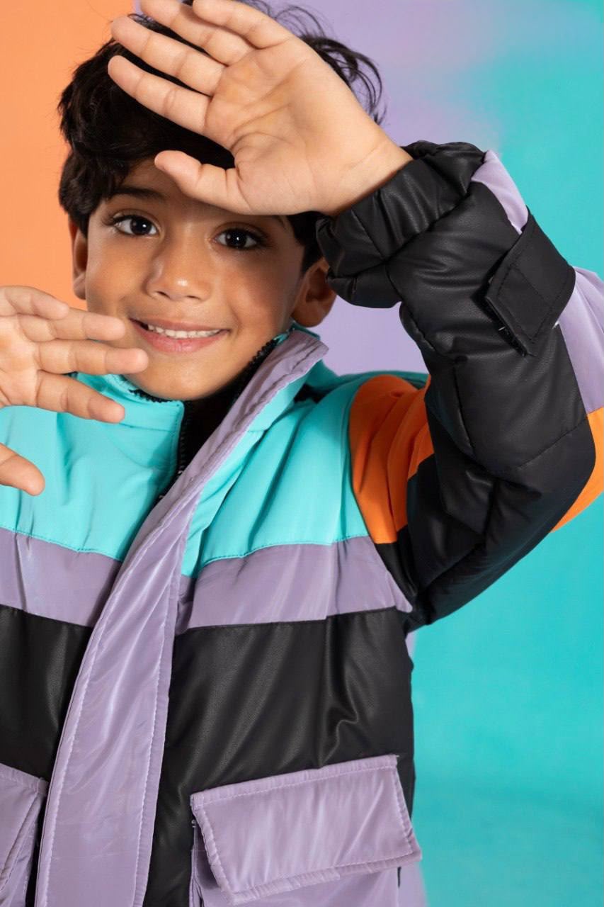 Boys’ Color block Puffer Jacket – Multicolor Hooded Winter Coat with Flap Pockets