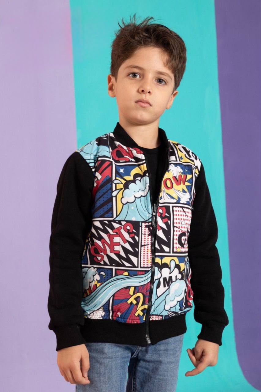 Boys’ Reversible Double Face Bomber Jacket – Black Comic Print Zip-Up Jacket
