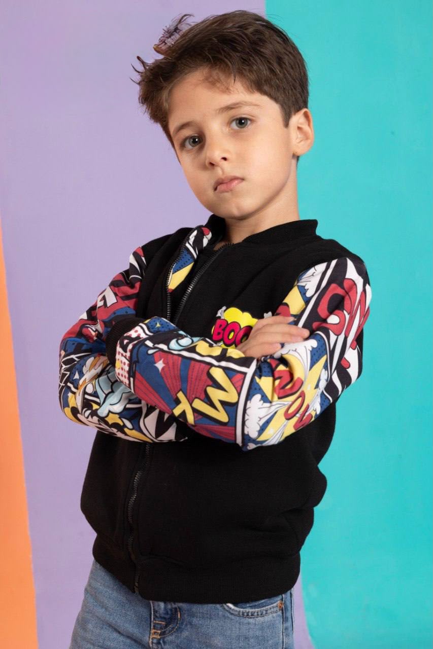 Boys’ Reversible Double Face Bomber Jacket – Black Comic Print Zip-Up Jacket