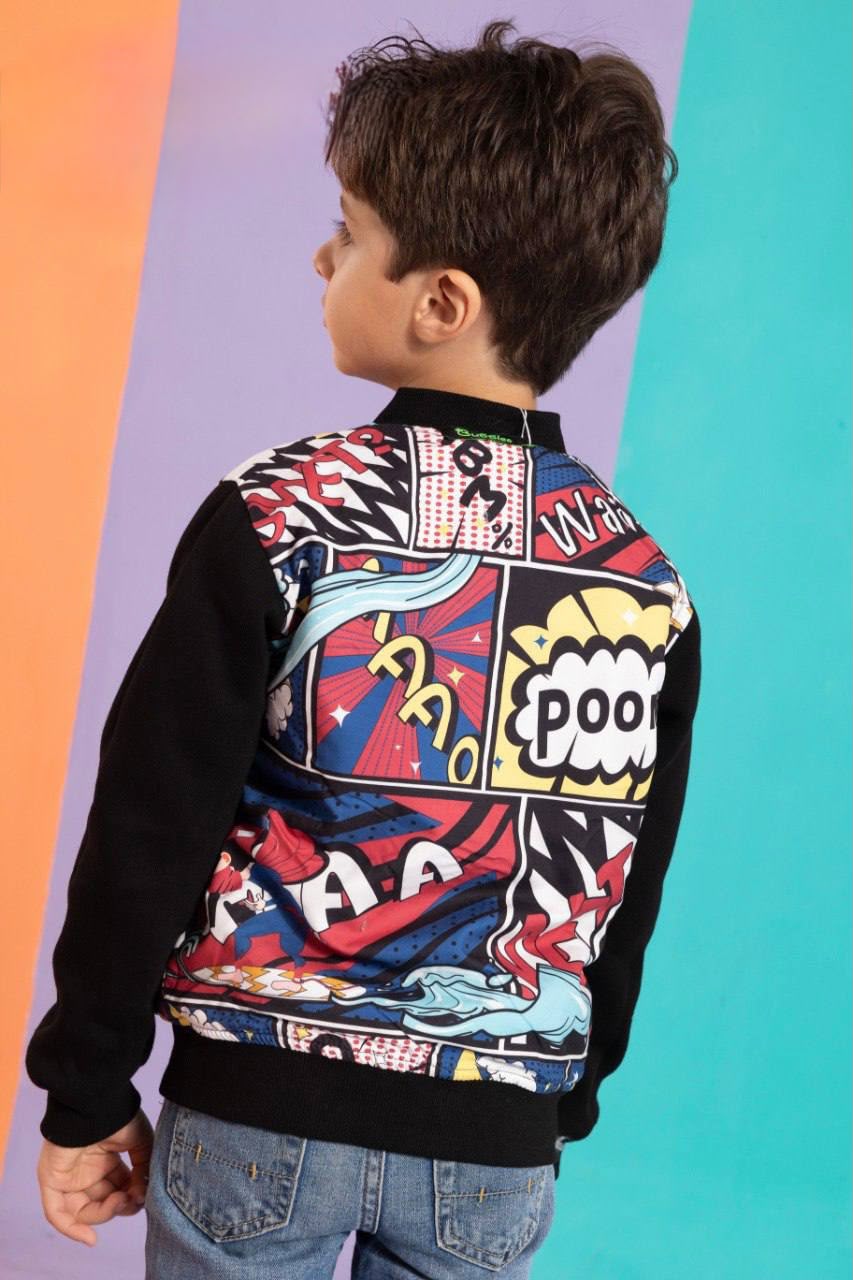 Boys’ Reversible Double Face Bomber Jacket – Black Comic Print Zip-Up Jacket