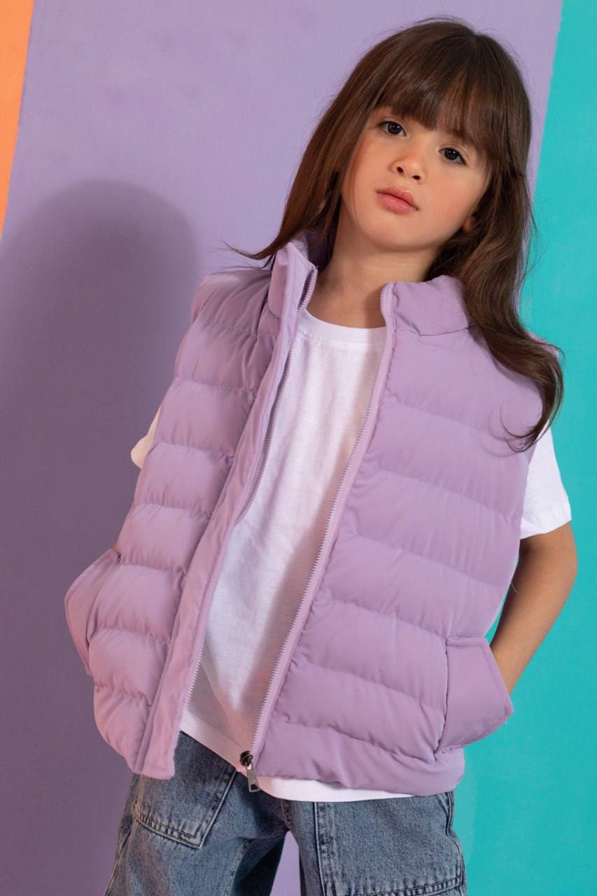 Girls’ Reversible Double-Face Puffer Jacket – Lilac Sleeveless Padded Vest with High Collar