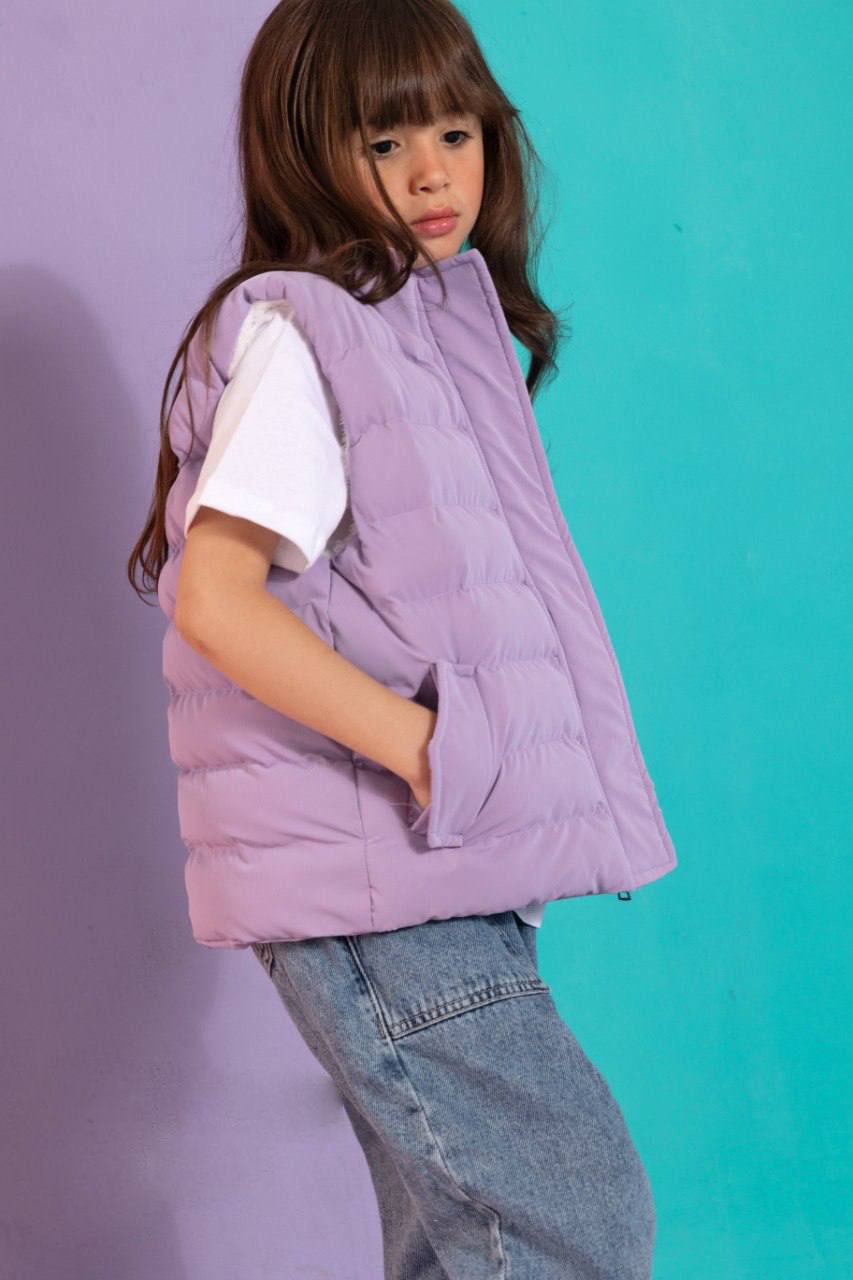 Girls’ Reversible Double-Face Puffer Jacket – Lilac Sleeveless Padded Vest with High Collar