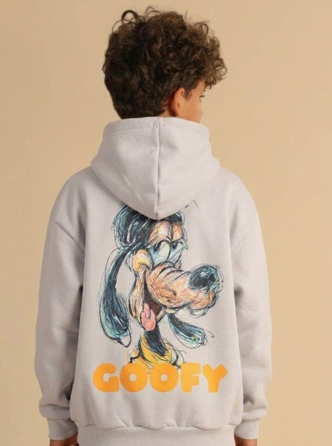 Boys’ Goofy Graphic Hoodie and Jogger Set – Grey Pullover Sweatshirt with Teal Wide-Leg Pants