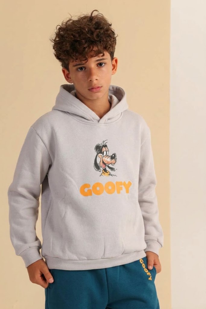Boys’ Goofy Graphic Hoodie and Jogger Set – Grey Pullover Sweatshirt with Teal Wide-Leg Pants