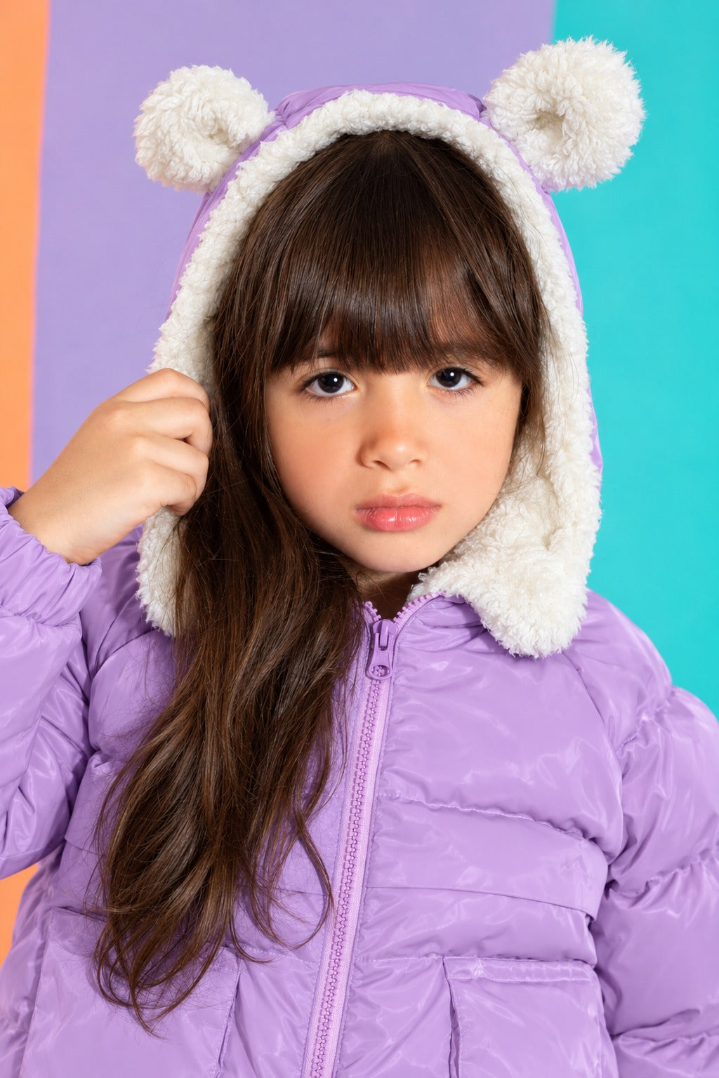Girls’ Lilac Puffer Jacket with Teddy Bear Hood – Padded Winter Coat with Fleece-Lined Hood and Front Pockets