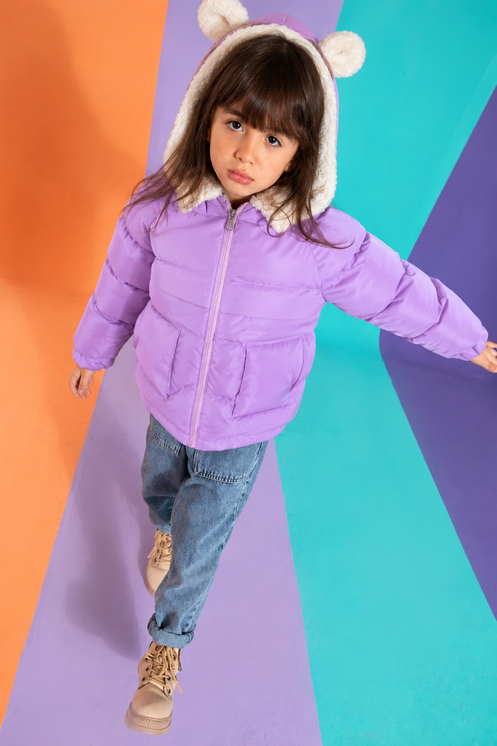 Girls’ Lilac Puffer Jacket with Teddy Bear Hood – Padded Winter Coat with Fleece-Lined Hood and Front Pockets
