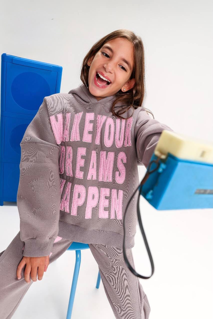 Girls’ 2-Piece Oversized Hoodie & Wide-Leg Sweatpants Set – Pink Graphic Print
