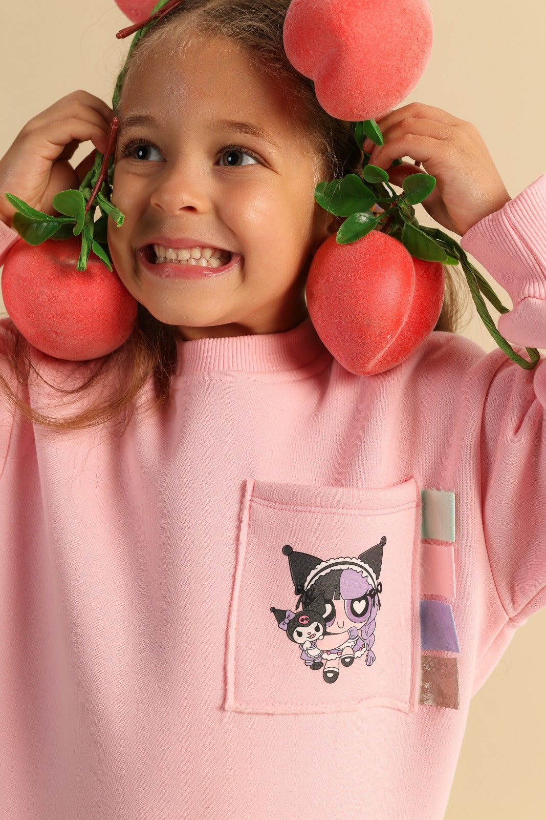 Girls’ Pink Kuromi Sweatshirt & Cargo Joggers Set – Cartoon Graphic Two-Piece Tracksuit