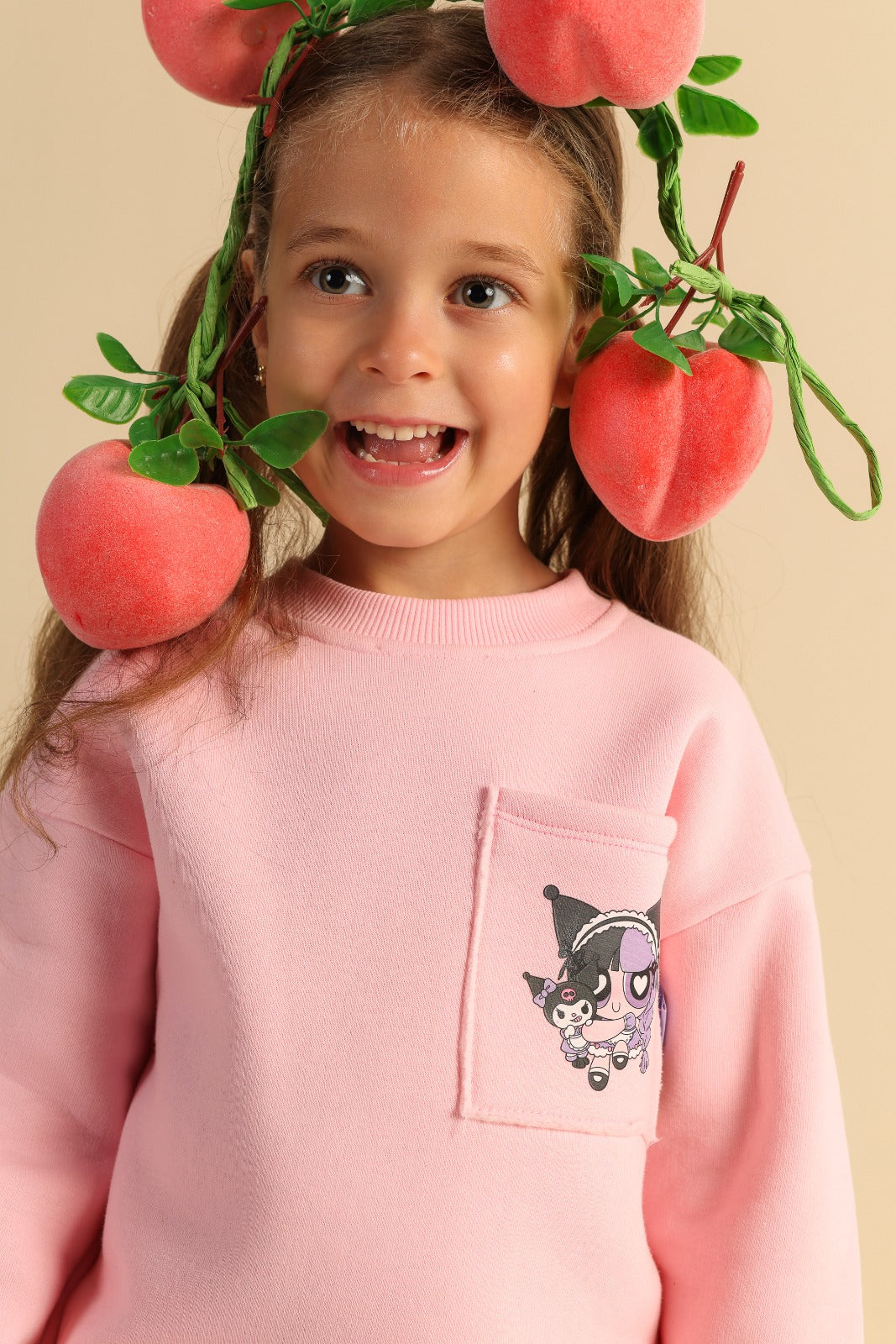 Girls’ Pink Kuromi Sweatshirt & Cargo Joggers Set – Cartoon Graphic Two-Piece Tracksuit