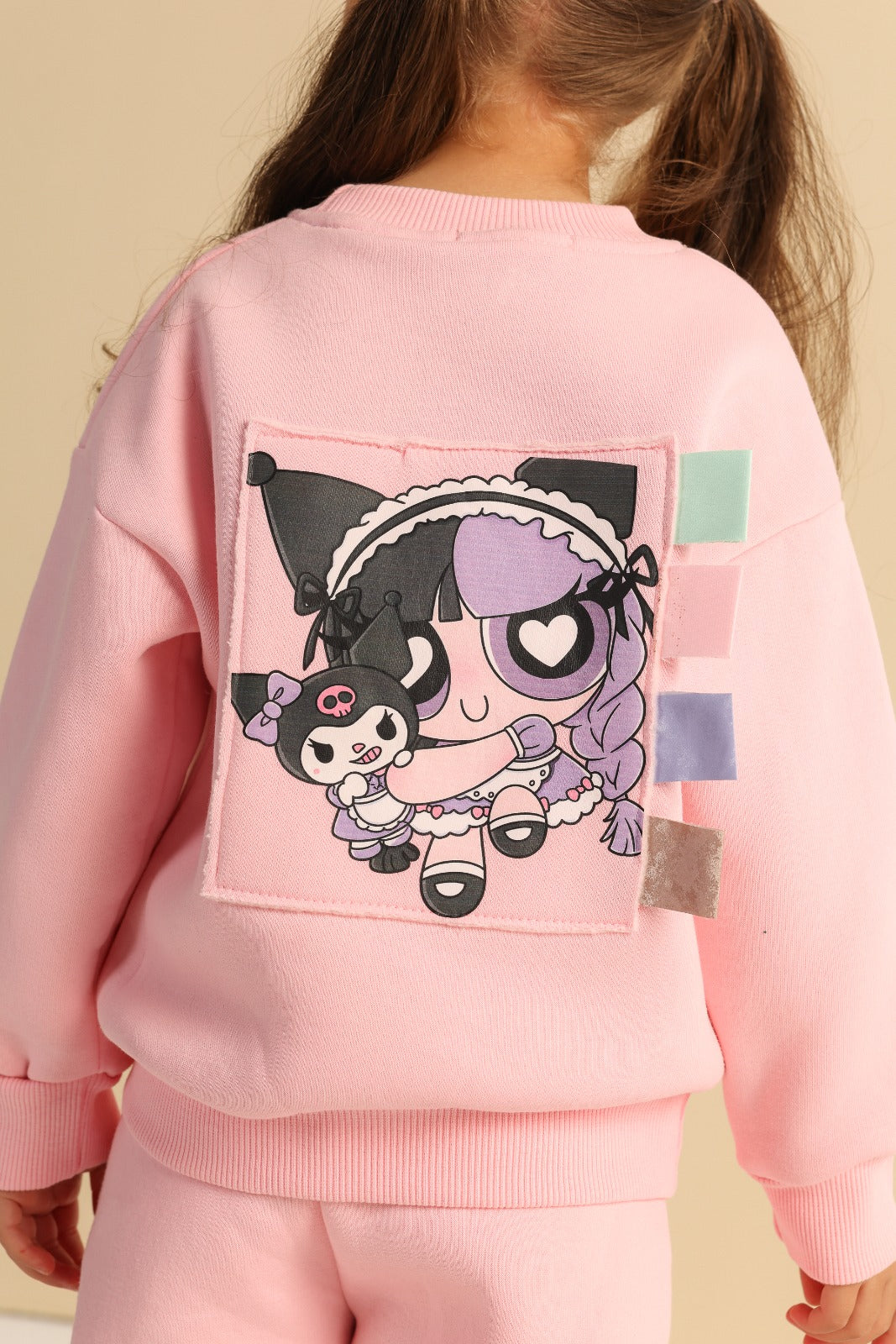 Girls’ Pink Kuromi Sweatshirt & Cargo Joggers Set – Cartoon Graphic Two-Piece Tracksuit