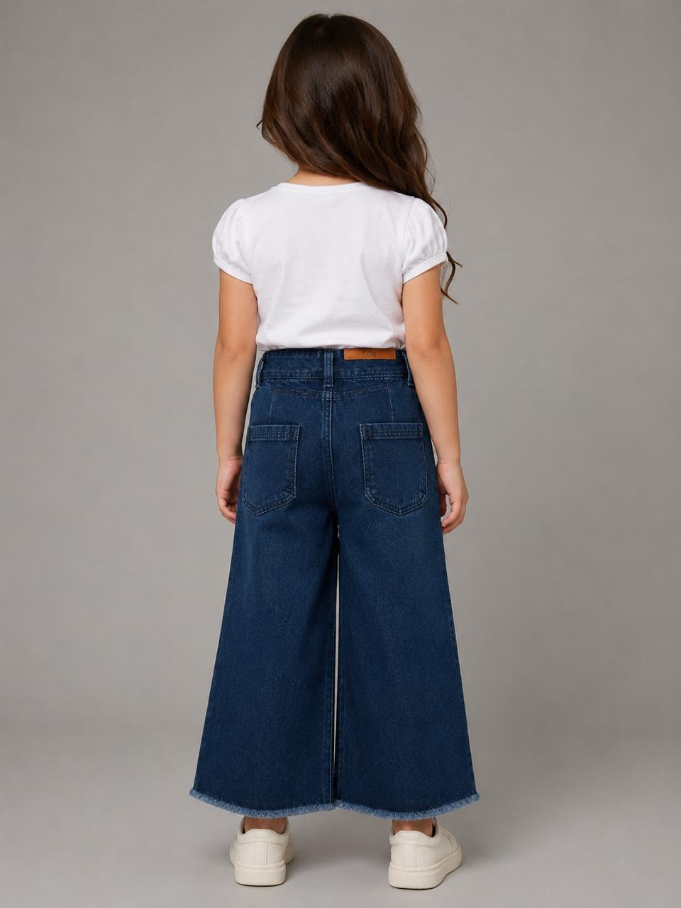 Girls’ Dark Blue Wide-Leg Denim Jeans with Front Patch Pockets – Casual Kids’ Trousers