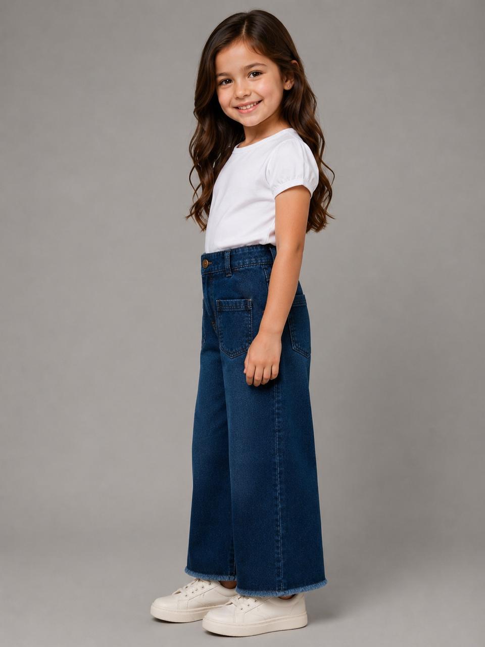 Girls’ Dark Blue Wide-Leg Denim Jeans with Front Patch Pockets – Casual Kids’ Trousers