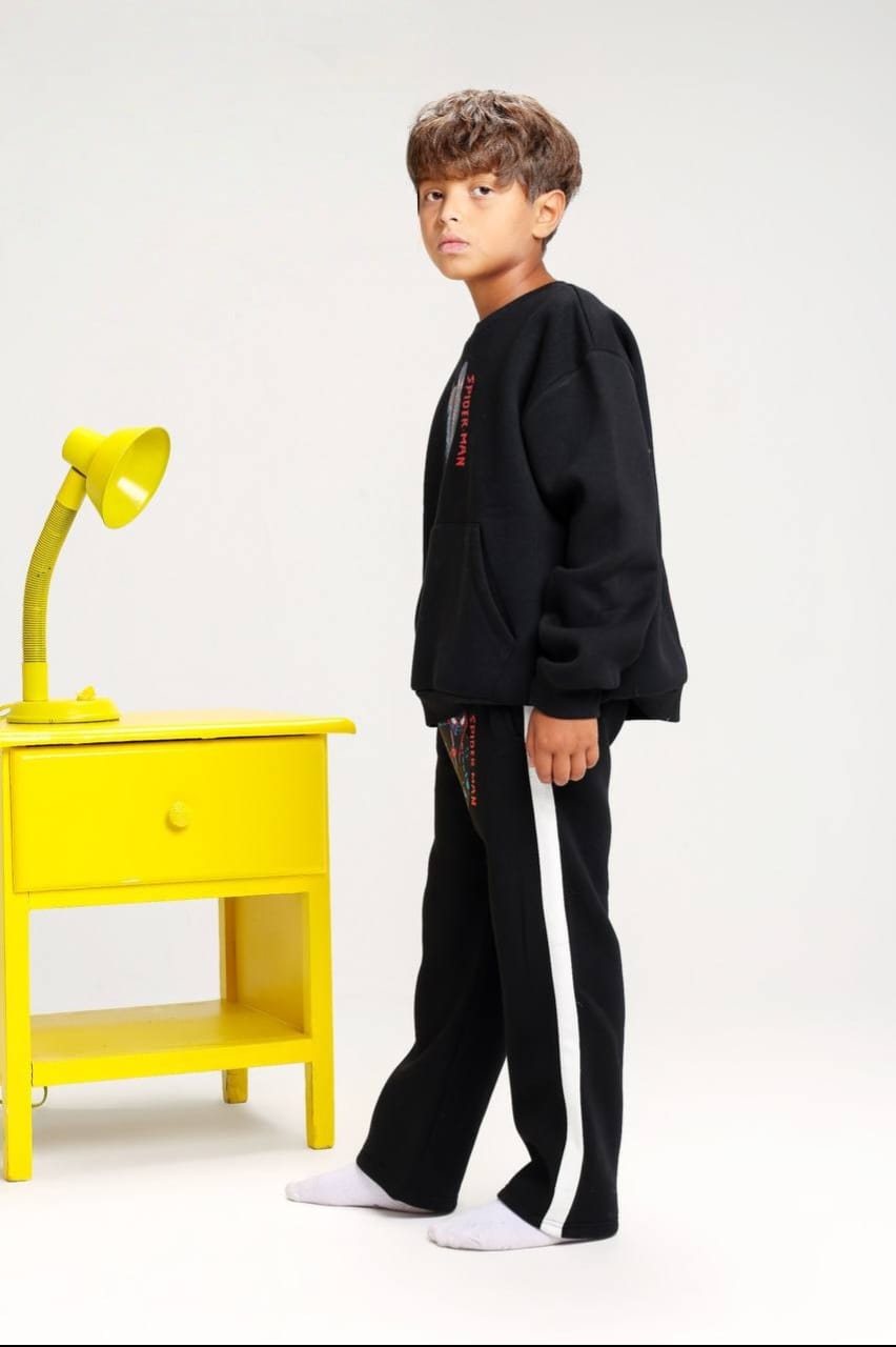 Boys’ Black Spider-Man Sweatshirt and Jogger Set with Kangaroo Pocket & Side-Stripe Trousers