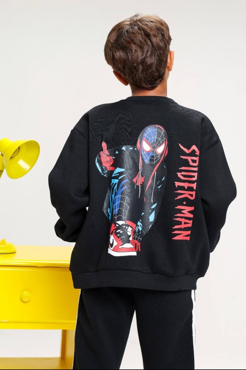 Boys’ Black Spider-Man Sweatshirt and Jogger Set with Kangaroo Pocket & Side-Stripe Trousers