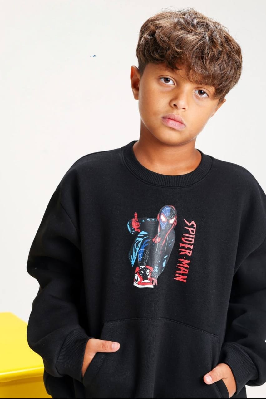Boys’ Black Spider-Man Sweatshirt and Jogger Set with Kangaroo Pocket & Side-Stripe Trousers