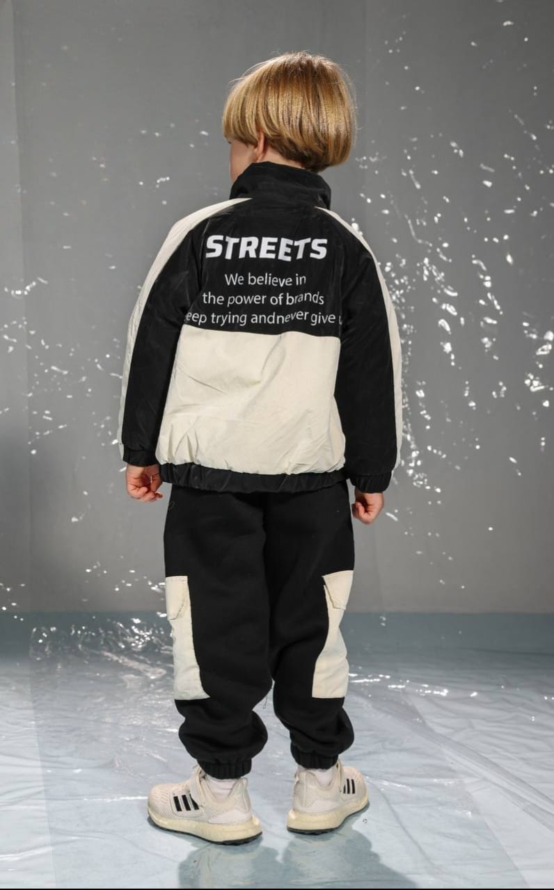Boys’ Black and White Color Block Jacket & Cargo Jogger Set with Zip-Up Front
