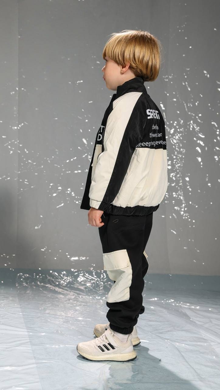 Boys’ Black and White Color Block Jacket & Cargo Jogger Set with Zip-Up Front