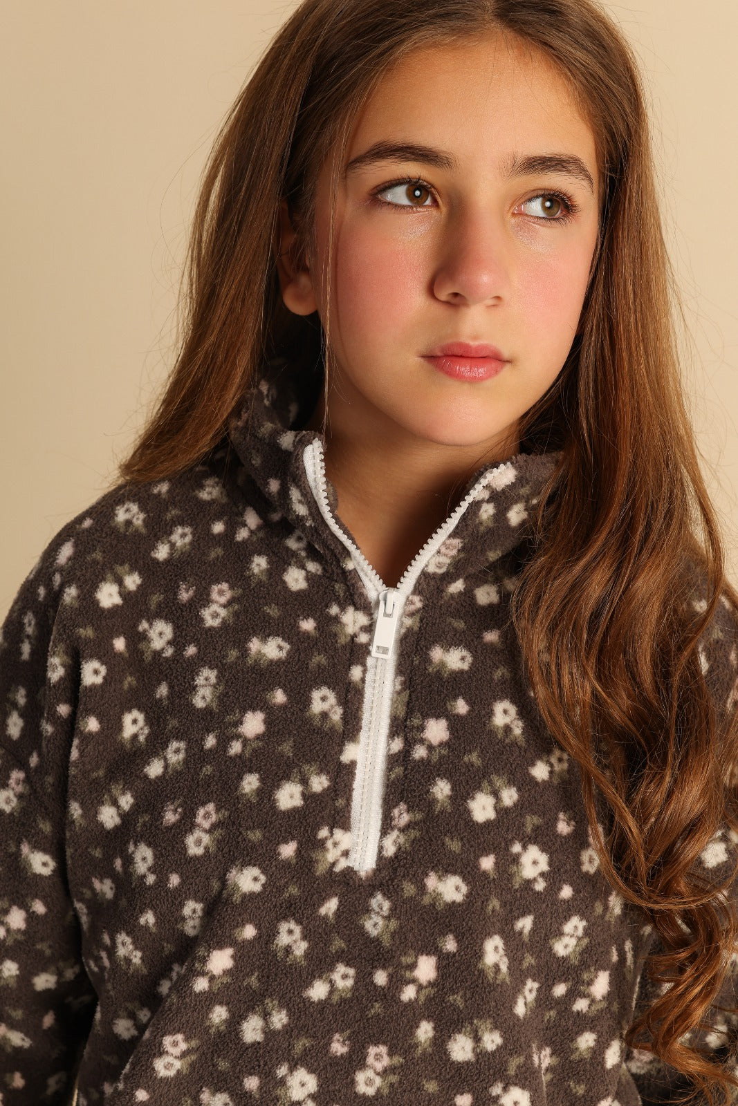 Girls' Brown Floral Fleece Half-Zip Pullover & Cream Wide-Leg Trousers Set