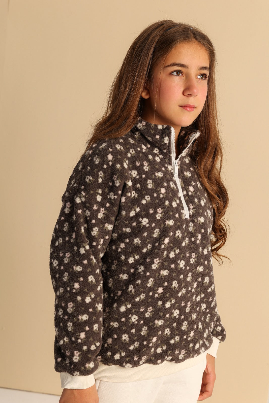 Girls' Brown Floral Fleece Half-Zip Pullover & Cream Wide-Leg Trousers Set