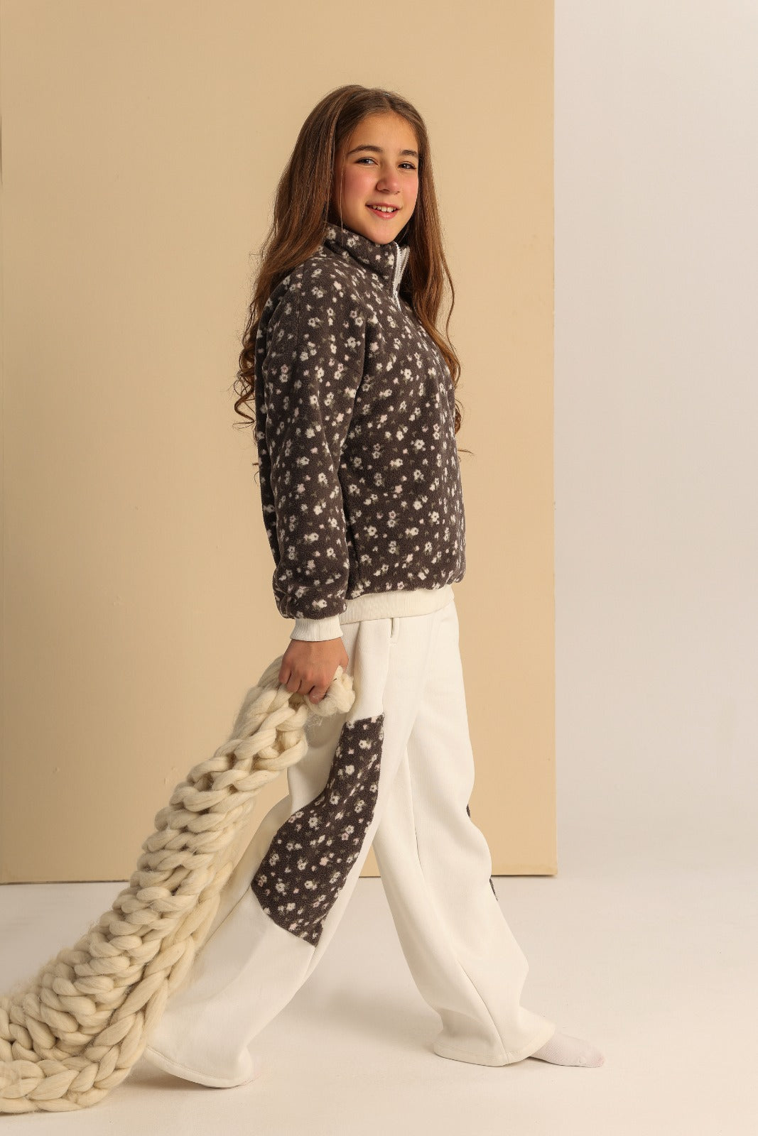 Girls' Brown Floral Fleece Half-Zip Pullover & Cream Wide-Leg Trousers Set