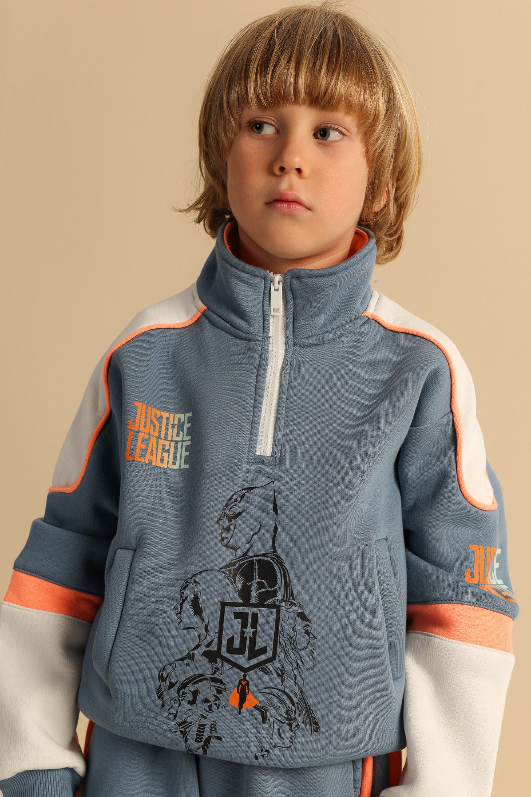 Boys Justice League Tracksuit Set – Quarter-Zip Sweatshirt and Wide-Leg Pants with Contrast Stripes
