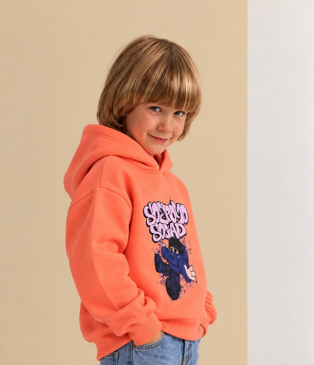 Kids' Coral Graphic Hoodie – Long-Sleeve Pullover Sweatshirt with Cartoon Print