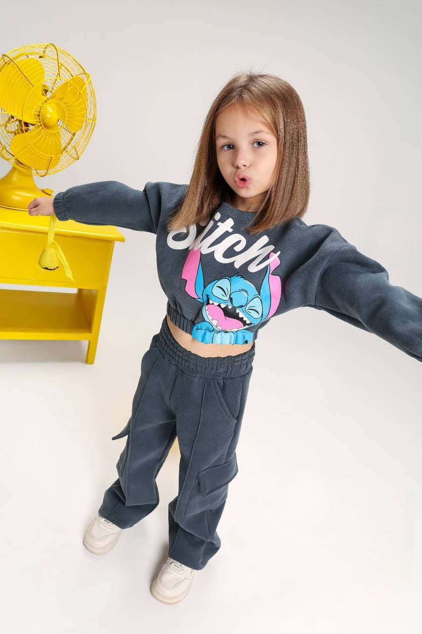 Girls’ Stitch Cropped Sweatshirt & Wide-Leg Cargo Pants Set – Charcoal Grey Casual Outfit