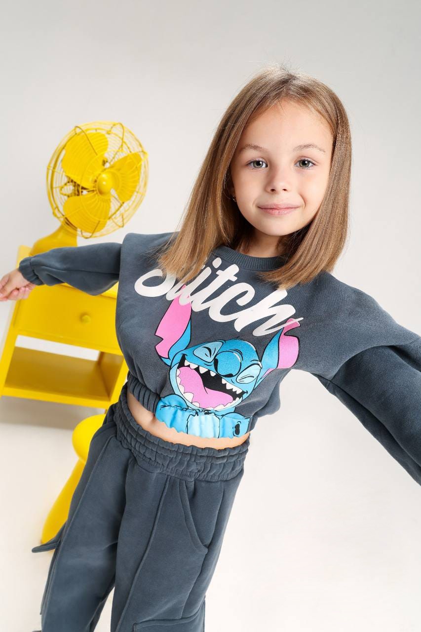 Girls’ Stitch Cropped Sweatshirt & Wide-Leg Cargo Pants Set – Charcoal Grey Casual Outfit