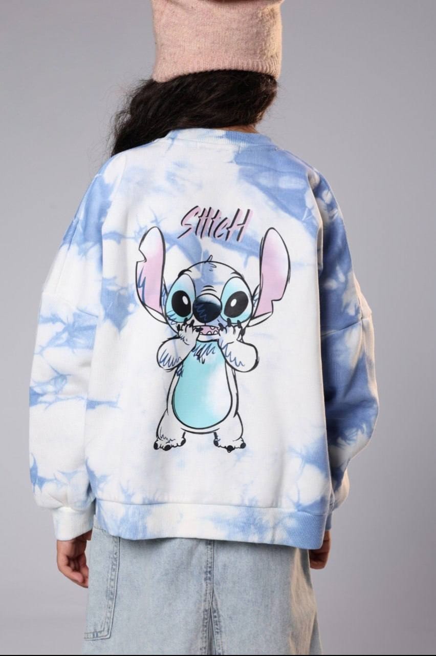 Girls’ Blue Tie-Dye Stitch Sweatshirt – Oversized Long-Sleeve Graphic Pullover