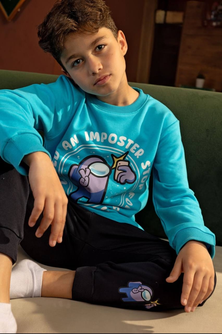 Boys’ Among Us Graphic Sweatshirt & Navy Joggers Set – Turquoise Gaming Outfit