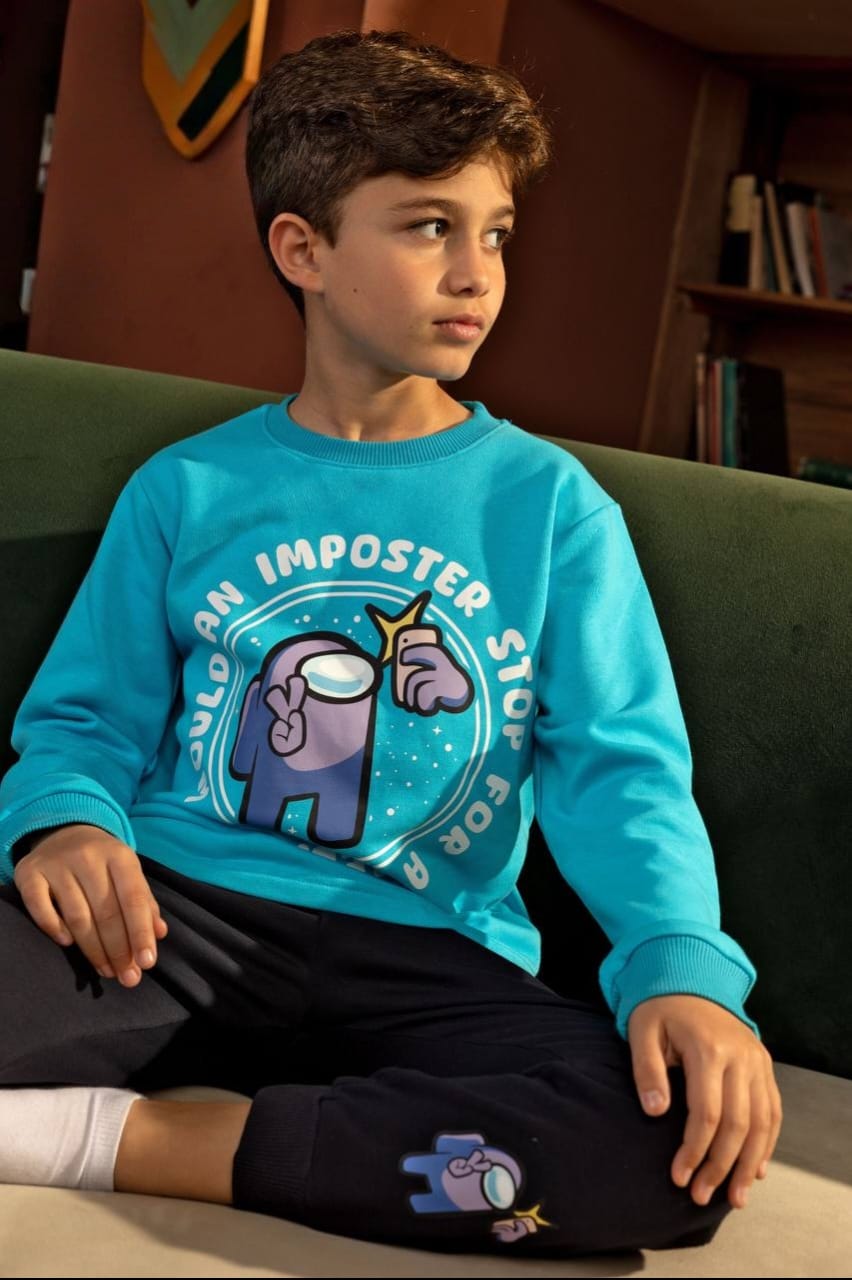 Boys’ Among Us Graphic Sweatshirt & Navy Joggers Set – Turquoise Gaming Outfit