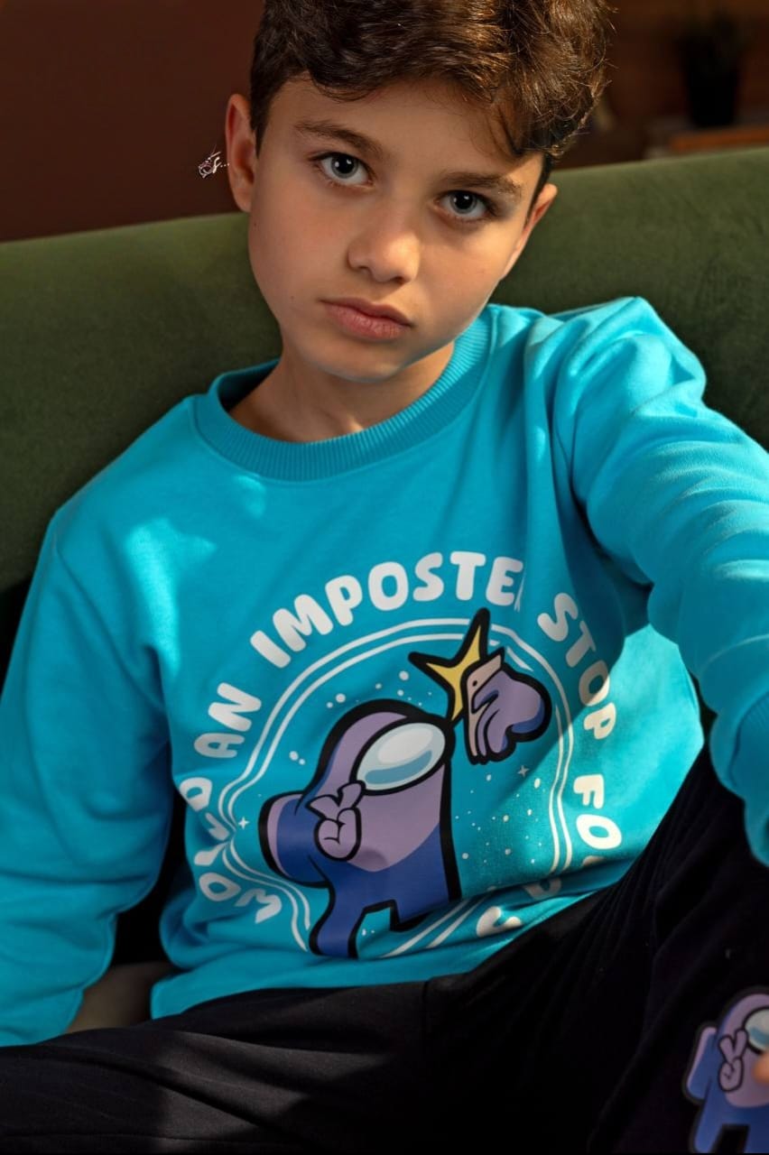 Boys’ Among Us Graphic Sweatshirt & Navy Joggers Set – Turquoise Gaming Outfit