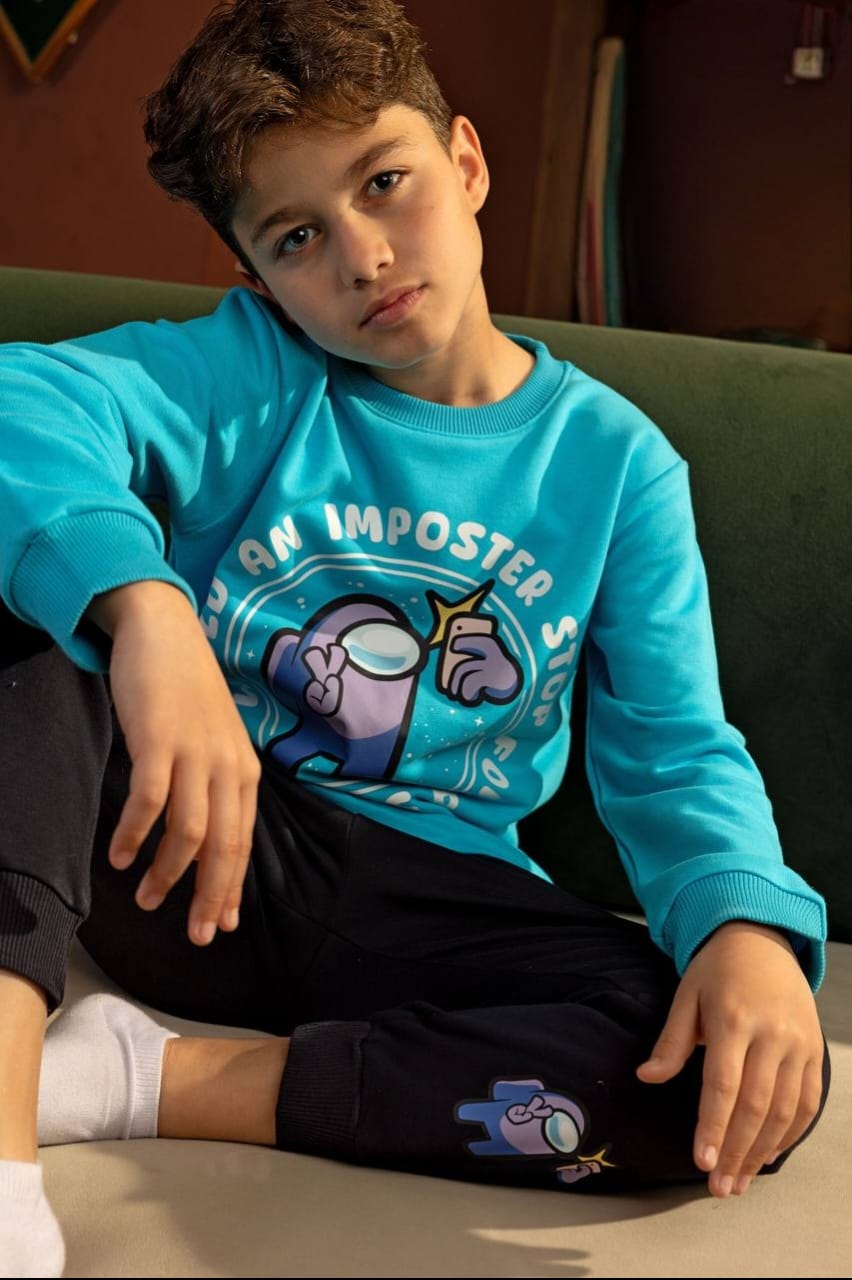 Boys’ Among Us Graphic Sweatshirt & Navy Joggers Set – Turquoise Gaming Outfit