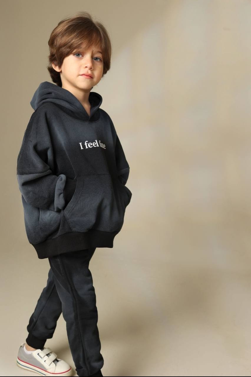 Boys’ Charcoal Grey Hoodie & Joggers Set – Oversized “I Feel Fine” Graphic Tracksuit