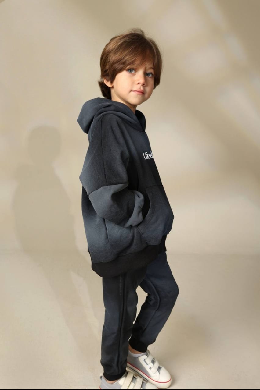 Boys’ Charcoal Grey Hoodie & Joggers Set – Oversized “I Feel Fine” Graphic Tracksuit