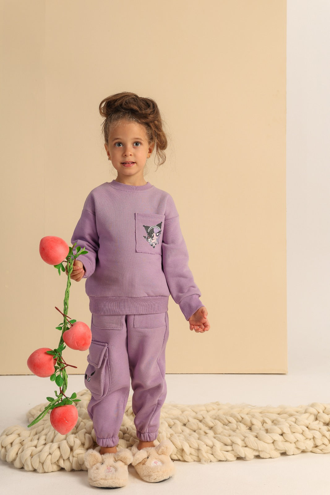 Girls’ Lavender Sweatshirt and Cargo Jogger Set with Cartoon Print and Utility Pockets