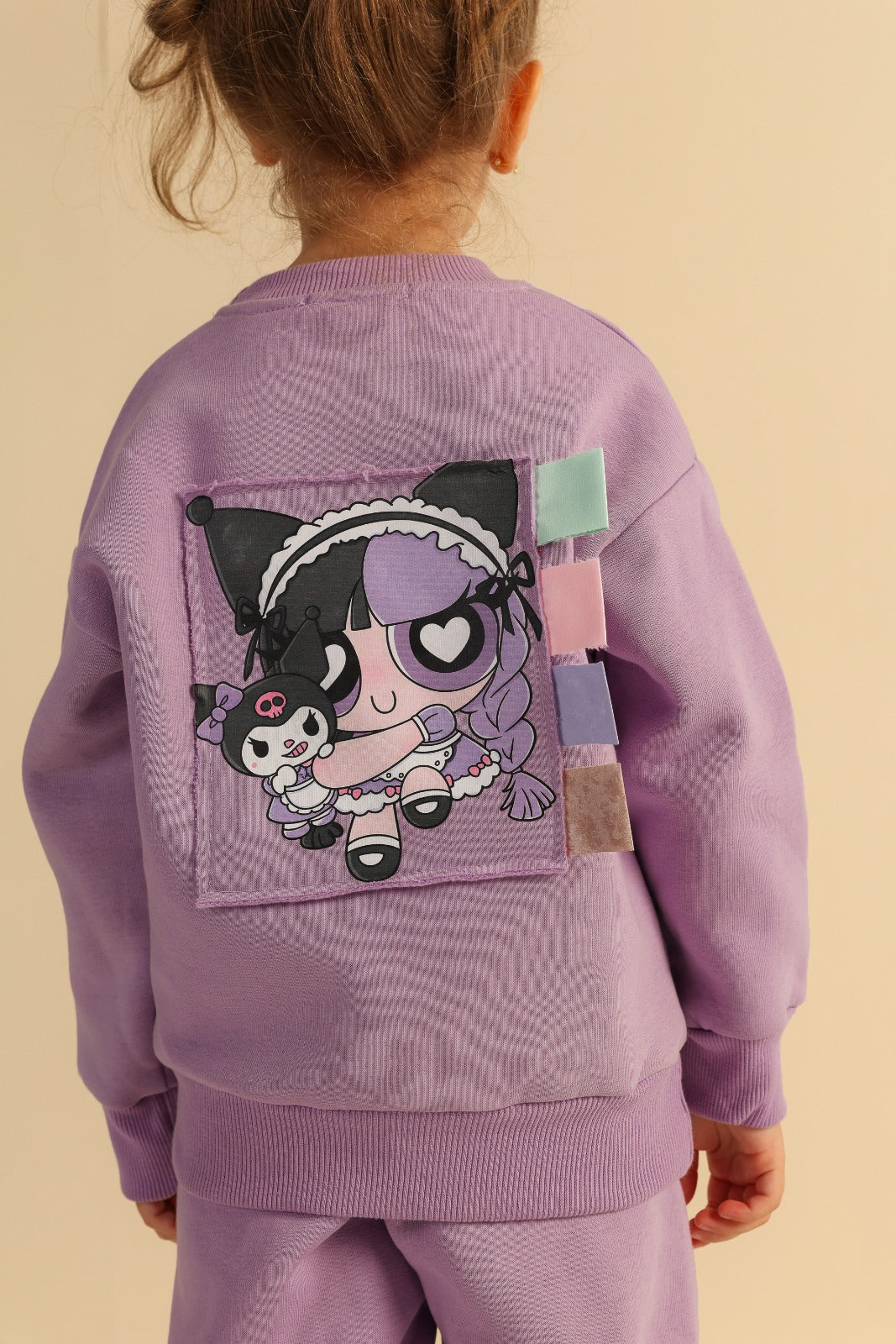 Girls’ Lavender Sweatshirt and Cargo Jogger Set with Cartoon Print and Utility Pockets