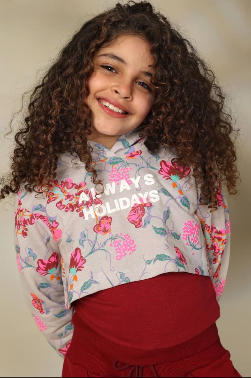 Girls' Floral Cropped Hoodie and Burgundy Wide-Leg Sweatpants Set – Two-Piece Casual Outfit