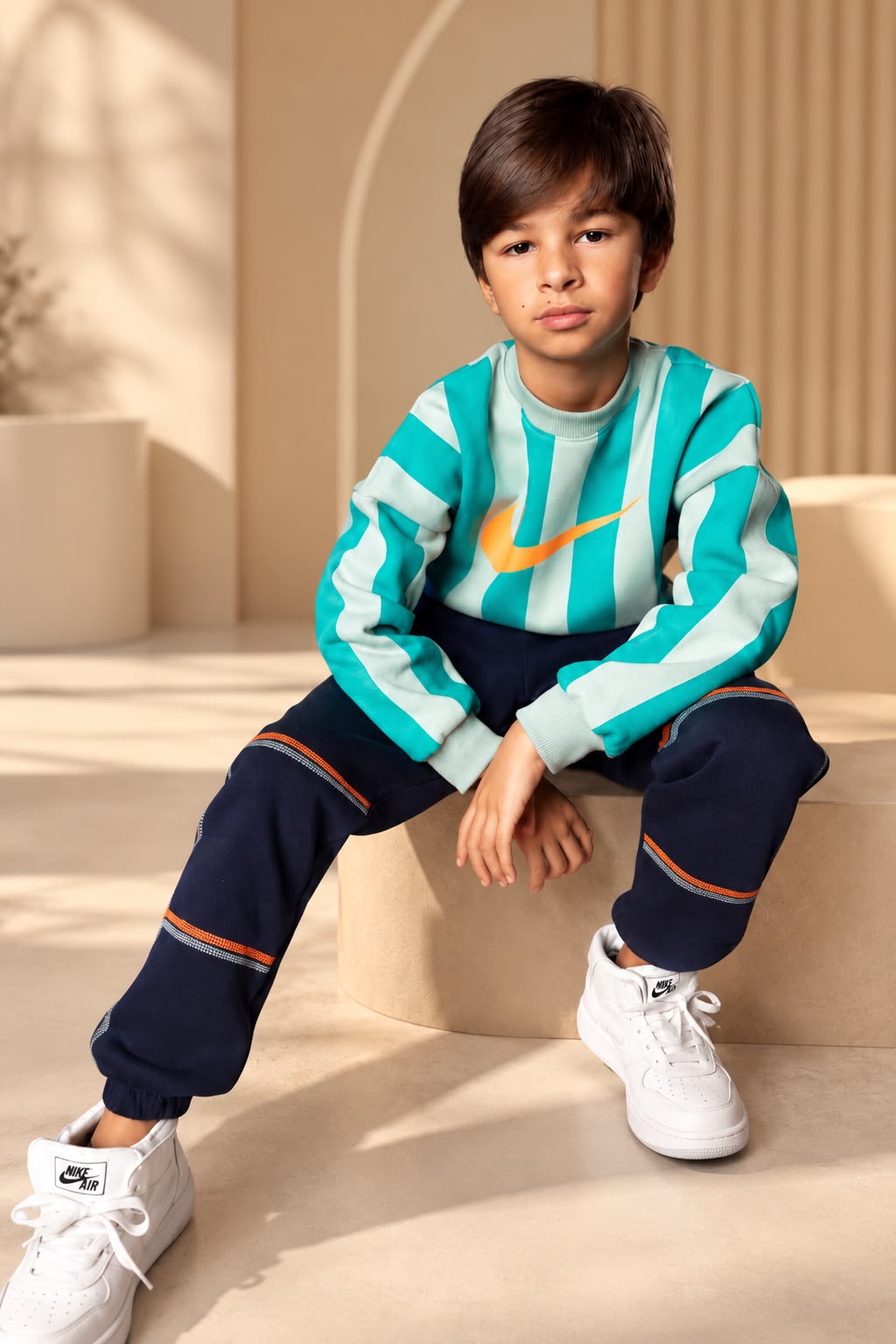Boys' Green and White Striped Sweatshirt with Swoosh Logo – Long Sleeve Casual Pullover