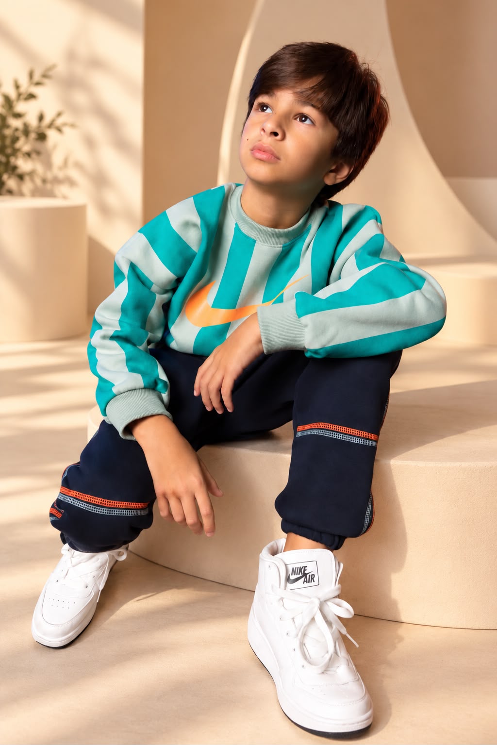 Boys' Green and White Striped Sweatshirt with Swoosh Logo – Long Sleeve Casual Pullover
