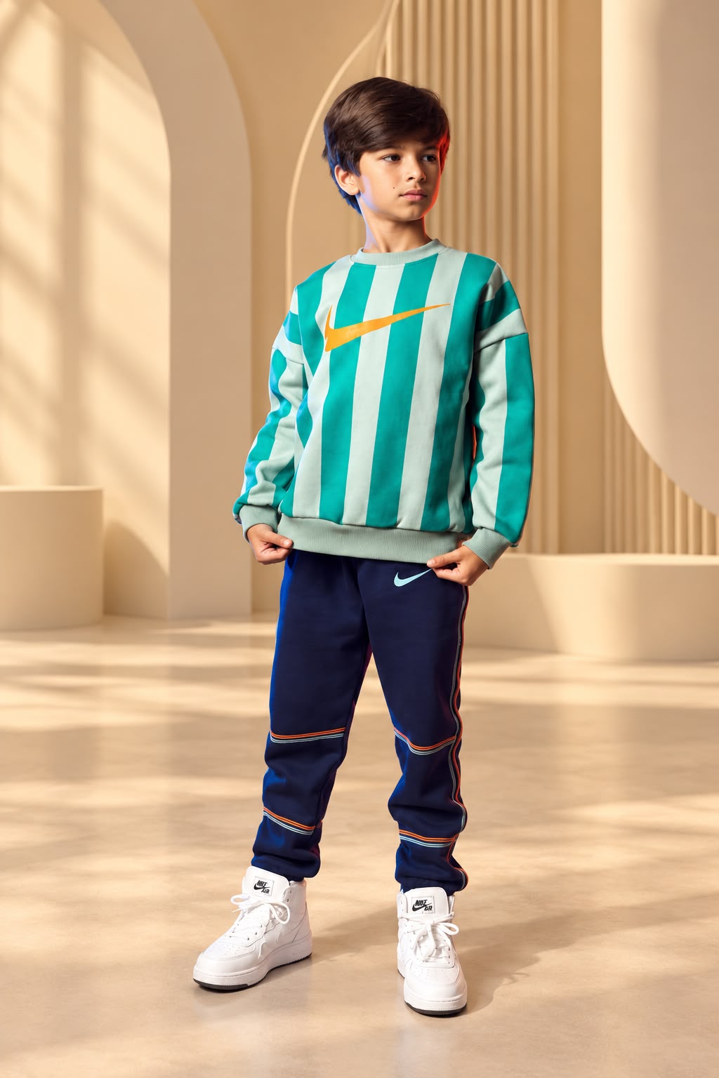Boys' Green and White Striped Sweatshirt with Swoosh Logo – Long Sleeve Casual Pullover