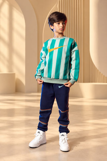 Boys' Green and White Striped Sweatshirt with Swoosh Logo – Long Sleeve Casual Pullover