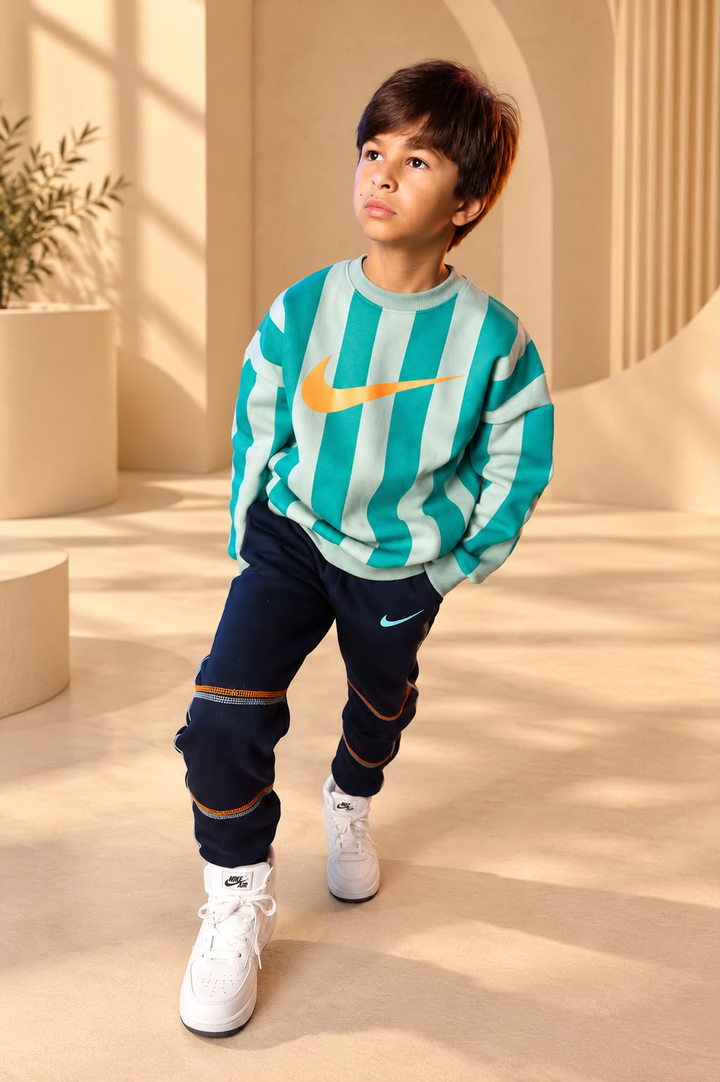 Boys' Green and White Striped Sweatshirt with Swoosh Logo – Long Sleeve Casual Pullover