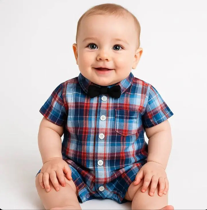 Plaid Baby Romper with Bow Tie
